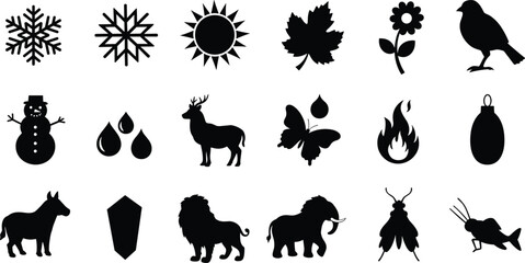 Black silhouette icons of nature and wildlife including snowflakes, sun, leaf, flower, bird, snowman, water drops, deer, butterfly, fire, ornament, horse, gem, lion, elephant, insect, cricket
