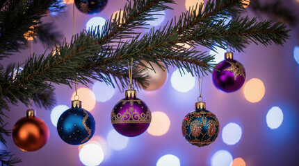 Christmas tree branch with colorful ornaments hanging, blue, purple, gold, and orange balls, blurred lights in background creating festive atmosphere with copy space