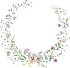 
Watercolor pansies and viola wildflowers floral wreath. Botanical background. Hand drawn illustration. Vector EPS.