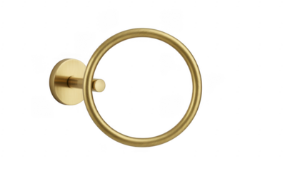 Gold metal toilet paper holder with circular ring bathroom accessory isolated on a transparent background