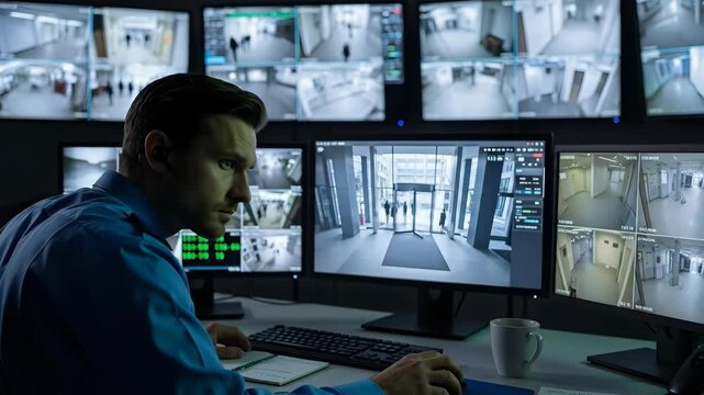 Security Guard Monitoring Multiple CCTV Feeds