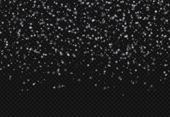 Christmas snowflakes on a transparent dark background. Snow flakes, snow background. Heavy snowfall, snowflakes in round shapes and forms. Realistic vector