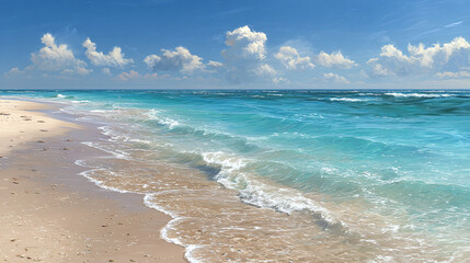 A captivating beach scene featuring turquoise water, a sandy shore, and fluffy clouds
