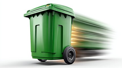 A green trash can with wheels is shown in motion. The trash can is moving quickly, and it is on a conveyor belt. Concept of movement and action
