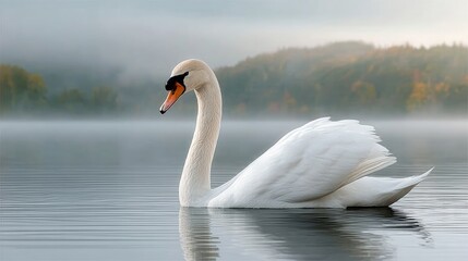 Obraz premium A swan is swimming in a lake with a foggy sky in the background. The scene is peaceful and serene, with the swan being the main focus of the image