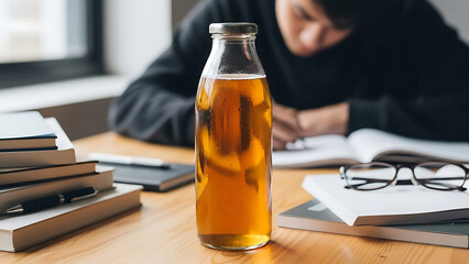 Study Scene with Bottle on Desk