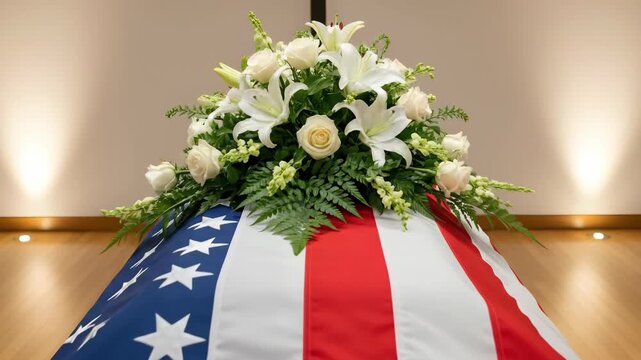 Casket draped with the american flag and flower arrangement for a military funeral. Veteran memorial service for deceased soldier.