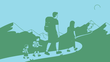 Family hiking in mountain landscape