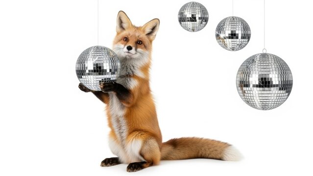 fox with a mirrored disco ball, party celebration, on a white background, party animal photo