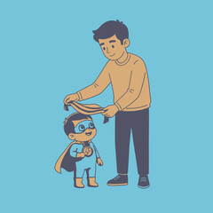 Father helping child with cape