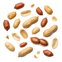 Obraz premium Peanuts and peanut shells floating in air against Transparent background