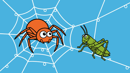 Spider catching grasshopper in web