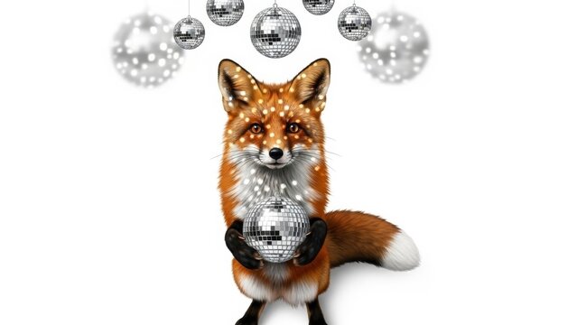 Fox with Mirrored Disco Ball on White Background