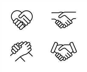 Handshake icon set. Business agreement handshake symbol. Friendly, partnership deal handshake line and silhouette sign. Transparent png and vector illustration