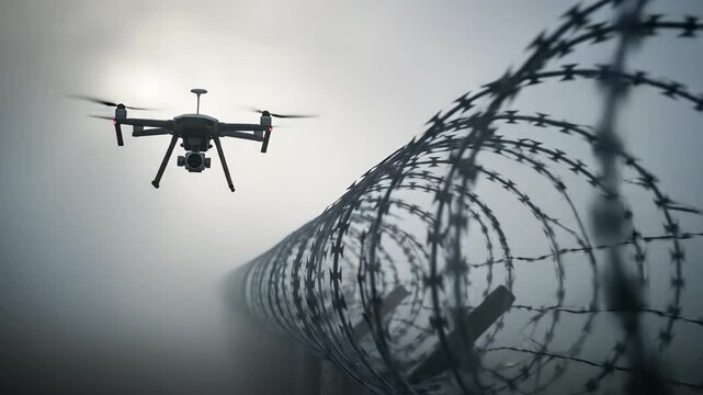 Surveillance drone flying near coiled razor wire fence in foggy weather. Security technology concept for border protection and prison monitoring.
