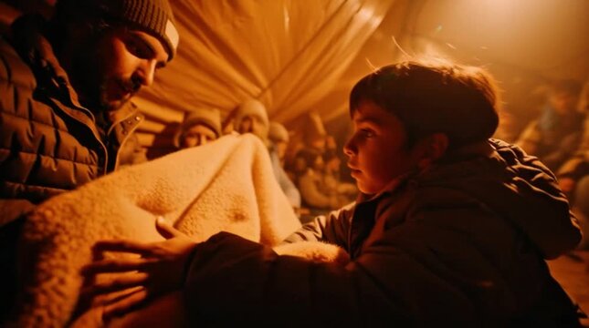 Refugee camp man gives blanket to child World War Orphans Day