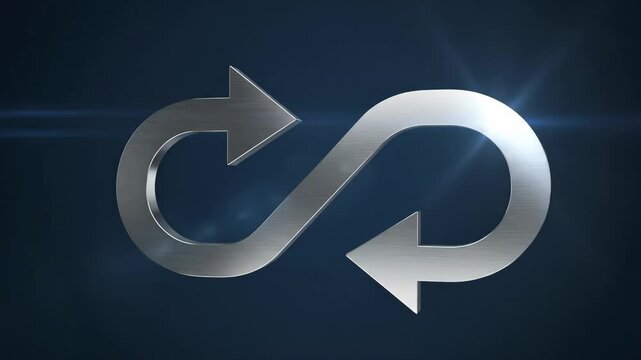 Metallic infinity symbol with arrows in motion showing endless loop. Business cycle and continuous process illustration.