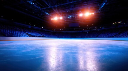 A vast indoor ice arena with empty blue seats bright overhead lights, and a glossy, reflective rink under glow!