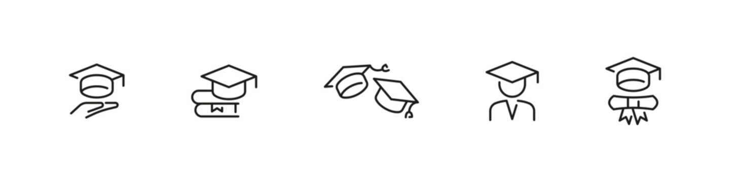 Student hat graduation vector outline icon set. Education, ceremony, and academic celebration collection.