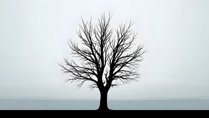 A silhouette of a leafless tree stands solitary against a foggy sky