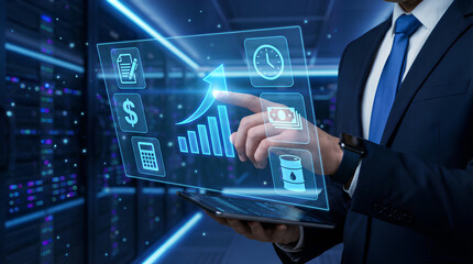 Businessman analyzing financial data on tablet with futuristic interface