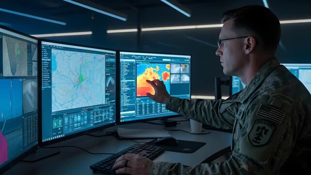 Man in military uniform monitoring security footage and thermal imaging on multiple screens for defense operations