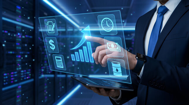 Businessman analyzing financial data on tablet with futuristic interface - Powered by Adobe