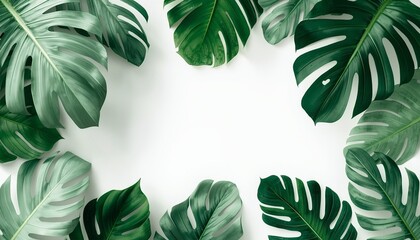 Fresh green leaves on a white background with copy space. Minimalist nature flat lay top view.