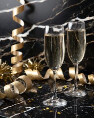Elegant champagne flutes against luxurious black marble with gold celebration decor