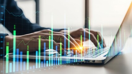 Hands Typing On Laptop With Financial Data Overlay computer keyboard