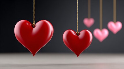 A series of red hearts hanging from a string. The hearts are all different sizes and are hanging at different heights. Concept of love and affection, as the hearts are all connected by a string