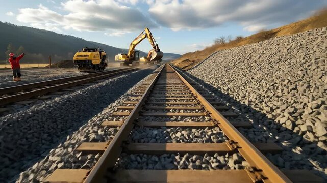 Curving railroad track with piled coal moving through an industrial landscape, showing transport infrastructure