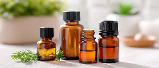 Collection of essential oils in glass bottles arranged on a white backdrop with a minimalist style and natural lighting