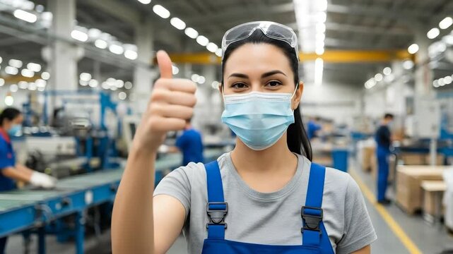 Caucasian woman in safety glasses and face mask gives thumbs up in a factory, showing confident success in production and worker safety