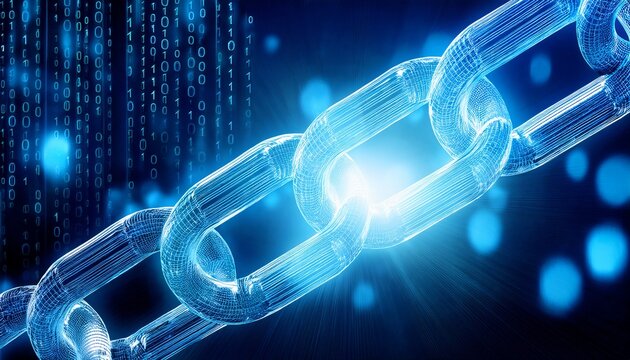 a digital chain with glowing blue links and binary code in the background with bokeh effect lights - Powered by Adobe