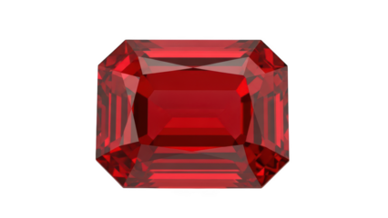 Emerald Cut Ruby Gemstone with Faceted Surfaces on Black precious stone jewel isolated on a transparent background