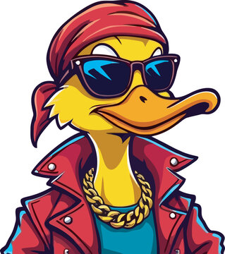 Cool cartoon duck wearing sunglasses and bandana, dressed in a leather jacket with gold chain