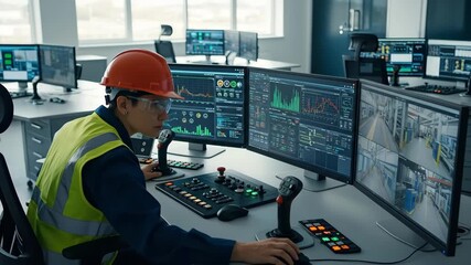 Woman operator monitors industrial process and surveillance footage on multiple computer screens for factory control - Powered by Adobe