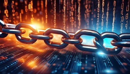 a close up view of a metallic chain with binary code in the background glowing with orange and blue colors