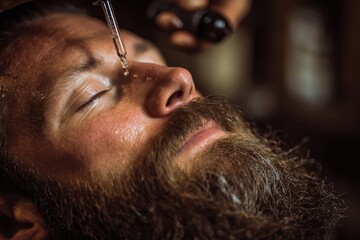 Bearded Mature man carefully applying nourishing beard oil. Nourishing serum on his face cheek with glass dropper. Process of moisturizing skin. Growth hair cosmetic. Spa grooming. Concept barbershop.