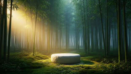 Serene forest landscape with stone platform in misty woods during sunrise or sunset with warm sunlight filtering through trees