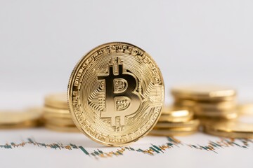 Bitcoin. Golden bitcoin coin against a growing up rising graph. Cryptocurrency. Crypto currency Chart diagram. Business, investing or trading. Digital wallets. Transforming Industries Customer Service