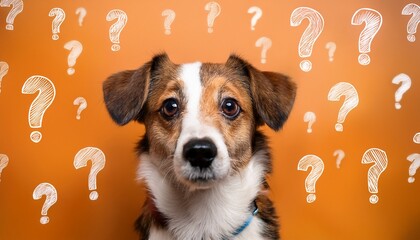 cute dog with curious expression surrounded by question marks in vibrant background