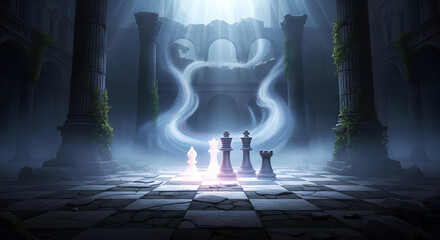 Mystical Chess Pieces in Ancient Temple Ruins with Ethereal Light Trails