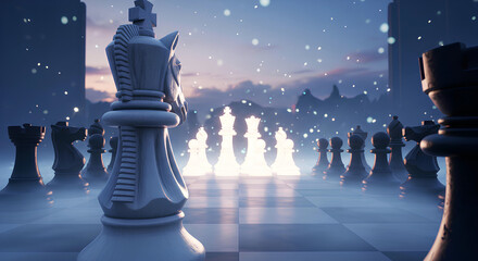 Cinematic Battle of Light and Dark Chess Pieces on a Foggy Game Board