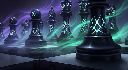Dark Chess Pieces Engraved with Glowing Mystical Runes and Ethereal Smoke