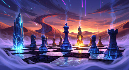 Epic Chess Battle in a Desert with Glowing Magical Energy and Floating Crystals