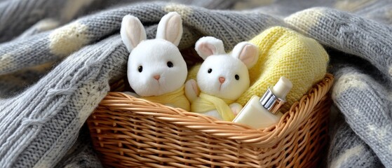 Obraz premium Little bunnies surrounded by cozy blankets and baby essentials on a soft bed, creating a serene and playful atmosphere