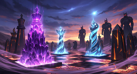 Giant Crystal Chess Pieces with Magical Aura on a Cracked Desert Board at Sunset