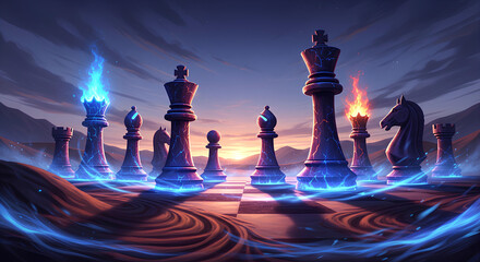 Epic Fantasy Chess Match with Fire and Ice Energy Effects in a Twilight Desert